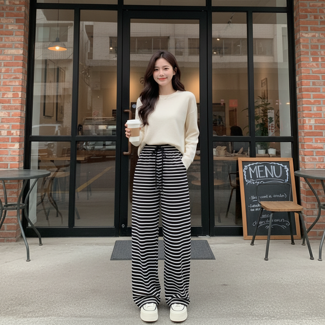 여성 와이드팬츠 스트라이프 바지 밴딩 트레이닝