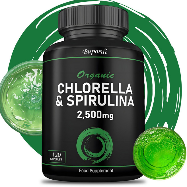 유기농 클로렐라와 스피루리나 - 2500mg - 120정 - 파괴된 세포벽 - 첨가물이 없는 순수 포뮬러 보충제, 1개, 60정