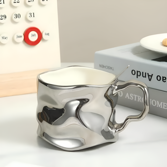 유니크 크럼플 디자인 세라믹 머그컵, 1개, 실버유광