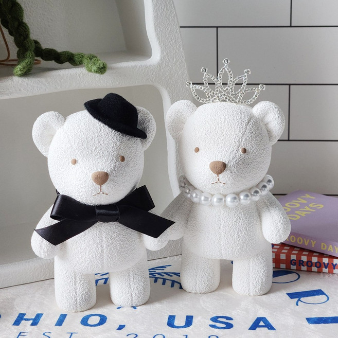 빅베어브릭 석고방향제 대형베어브릭 인테리어소품 테디베어 석고방향제 커플 세트, 화이트, 불꽃티아라추가, 클린코튼