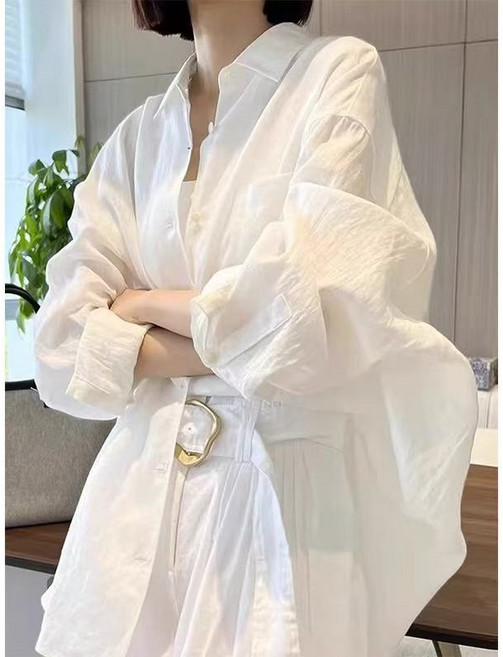 하늘비즈 블라우스 쉬폰 화이트 긴팔 넉넉한 사이즈 여성 여름