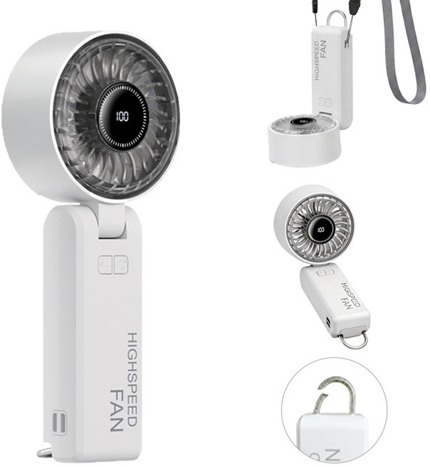 Craftsy 초강력 고리형 휴대용 선풍기 접이식 저소음 충전식 미니 무선 핸드 손선풍기, 화이트, X38