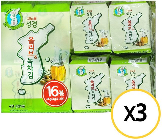 [성경김본사] 지도표성경 올리브녹차 식탁김 4gx16봉x3개(총48봉), 4g, 48개
