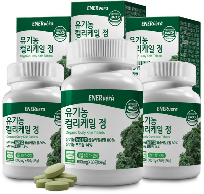 에너베라 유기농 컬리케일 곱슬 케일 동결건조 HACCP 인증, 3개, 60정