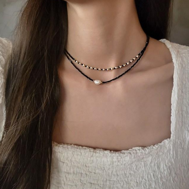 MCS 블랙 담수 진주 심플 비즈 초커 목걸이 2type 400