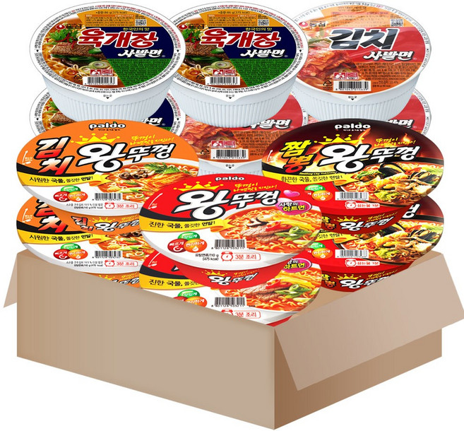 [메리박스] 왕뚜껑+도시락 혼합세트 12개 (왕뚜껑2+김치왕뚜껑2+짬뽕왕뚜껑2)+도시락3+김치도시락3, 1개