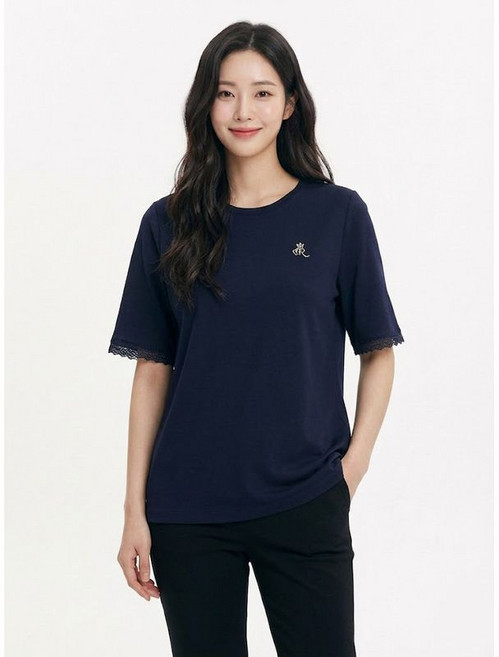 크로커다일레이디 네이비 소매 레이스 포인트 단색 티셔츠 CLCMTS202