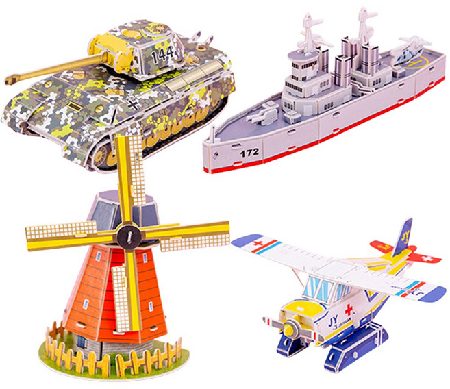 미니어처 프라모델 건물 빌딩 탱크 배 풍차 하우스 모형 건축물 만들기 취미 놀이 DIY 프라모델 미니어처 부속 키트 종이 3D 입체 퍼즐, 세트3. 4종세트B, 1개