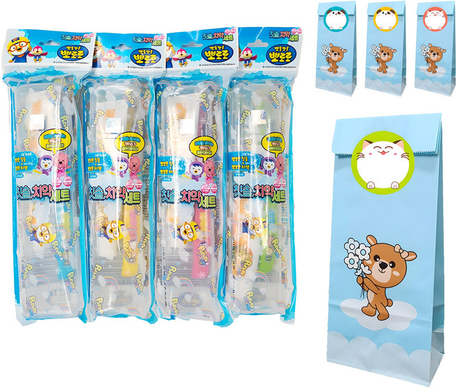 뽀로로 칫솔 치약 세트 4p + 선물 포장 패키지 4p 세트, 1세트