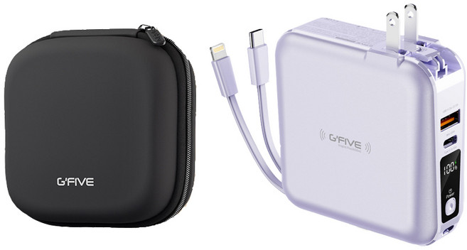 G'Five GP-W10S 勁量無線充多功能行動電源 10000mAh AC充電 自帶雙線 贈收納包, 淺紫, GP-W10S行動電源+收納包