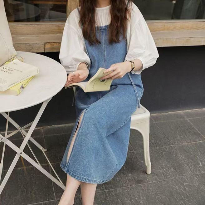 Chephie 여성용 여름 데님 멜빵 원피스 스트랩 원피스