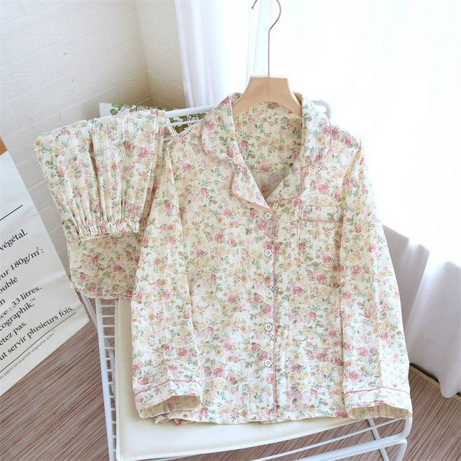 플라워 요루 거즈 잠옷 긴팔 홈웨어 잠옷 세트 사계절