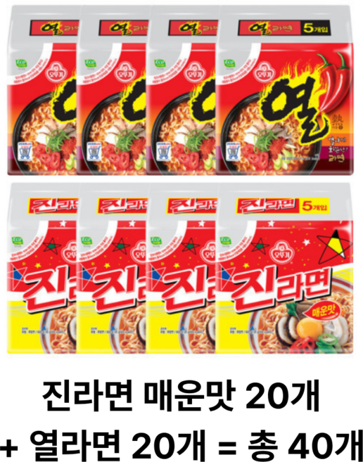 오뚜기 진라면 20봉 + 열라면 20봉, 40개, 120g