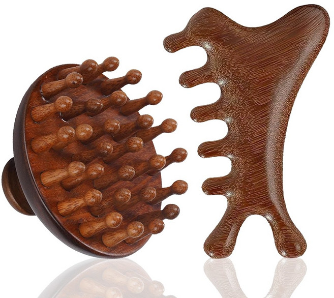 VARIOUS 나무 괄사 두피 바디 얼굴 마사지기 2종세트, 원목, 1개