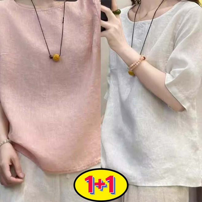 AOKADA1+1 여성 린넨 라운드 오버핏 반팔 티셔츠 여름 면 마 여름 상의 반팔티