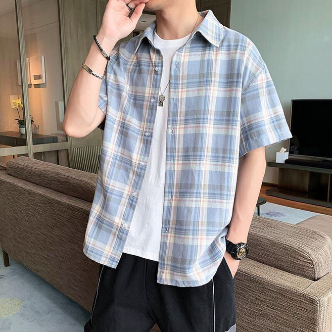 夏季薄款格子襯衫男 寬鬆短袖襯衣 韓系休閒上衣