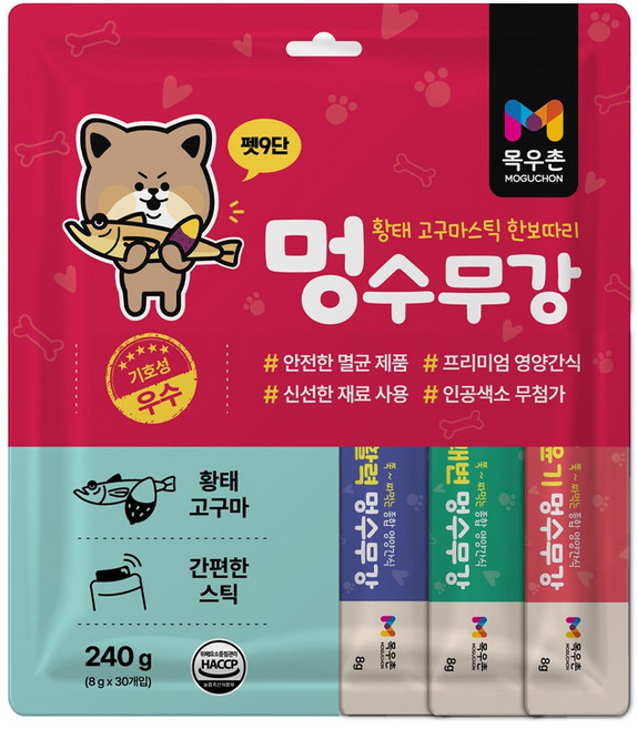 목우촌 펫9단 멍수무강 강아지 짜먹는 양갱 스틱, 1개, 240g, 혼합맛(황태/고구마)
