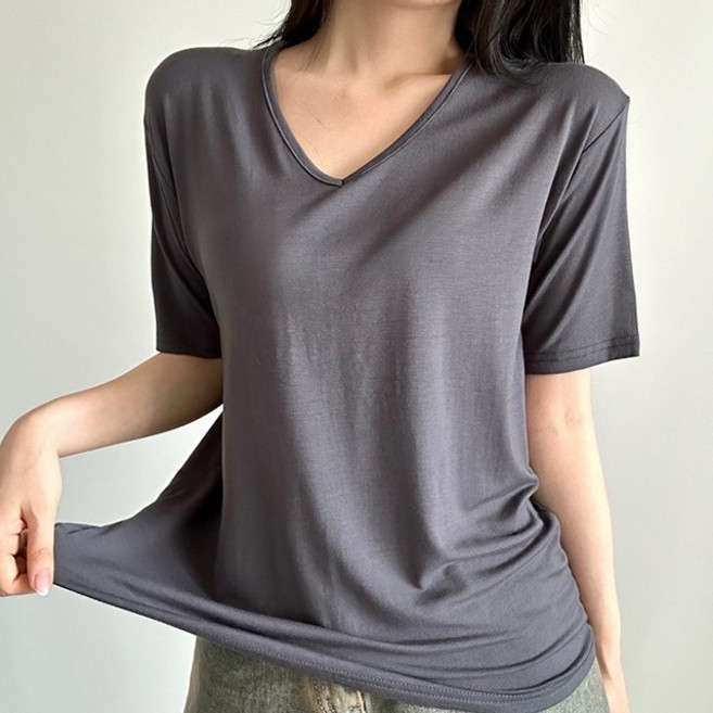 비토샵 여성용 부들부들 찰랑찰랑 레이온 브이넥 무지 반팔 티셔츠 레이어드 이너 여리여리 데일리룩 국내생산 워터밤 흠뻑쇼 페스티벌룩