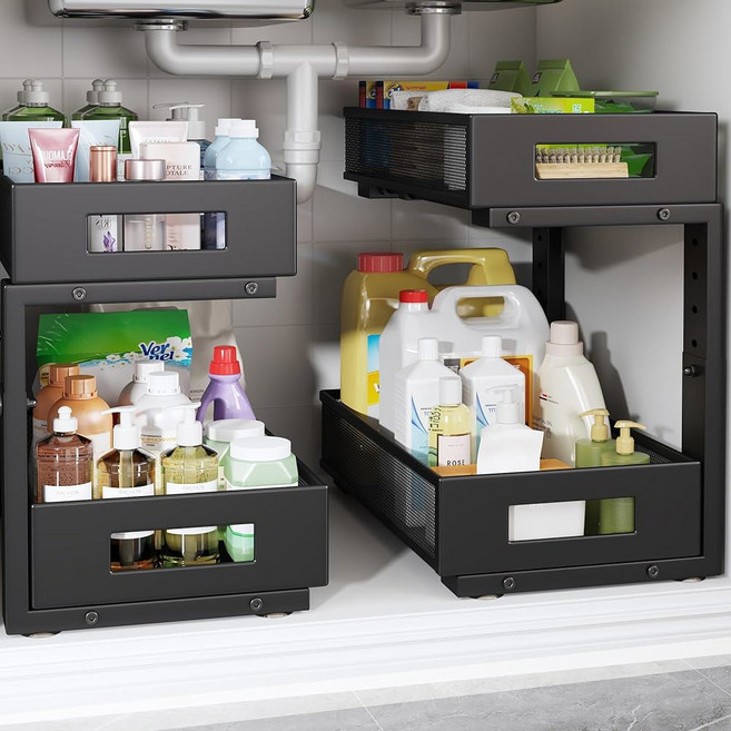 싱크대 정리함 2단 대용량 아래 2팩 풀아웃 레일이 업그레이드된 튜브 공간 수납 있는