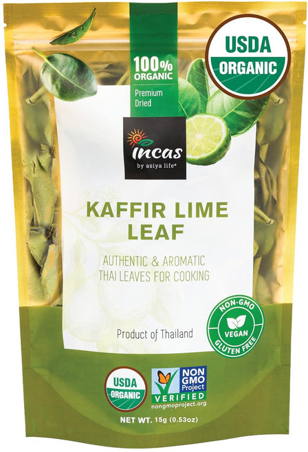 INCAS 100% USDA 마크루트 라임 태국 오리지널 정통 맛 & 시트러스 아로마 통째로 말린 구김 없는 잎 신선하게 골라 사용하기 쉬운 0.53온스 직송, 1세트, 14.18g