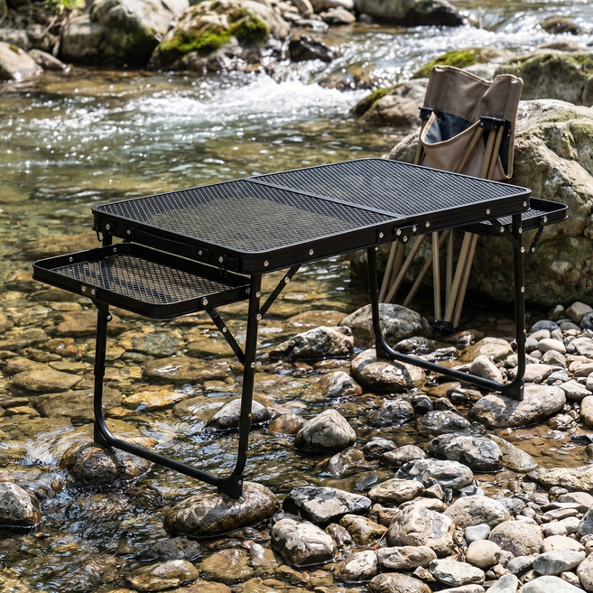 높이조절 초경량 알루미늄 캠핑 테이블 차박 피크닉 휴대용 접이식 테이블, 블랙