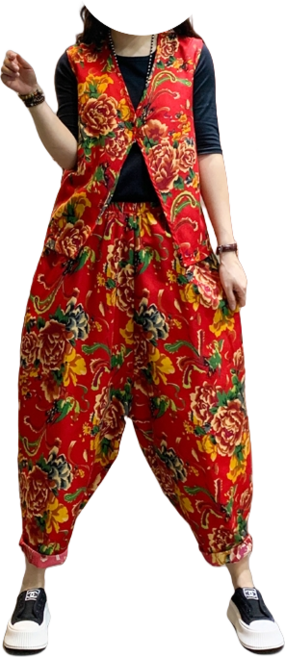 아랑 고고 장구 꽃무늬 단체 공연복 조끼 배기바지 무대, 2XL(62.5-72.5kg이내), A 조끼+바지