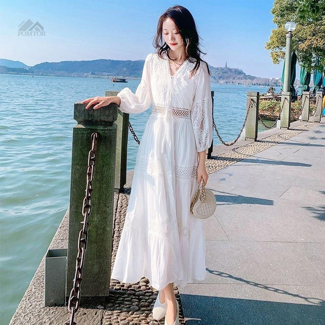POMTOR 여성 에스닉 화이트 휴양지 원피스 롱 레이스 펀칭 원피스