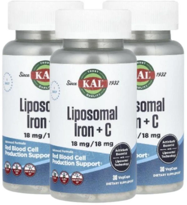 KAL 리포좀 철분+비타민 C 30개 VegCaps x 3, 30정 - 쿠팡