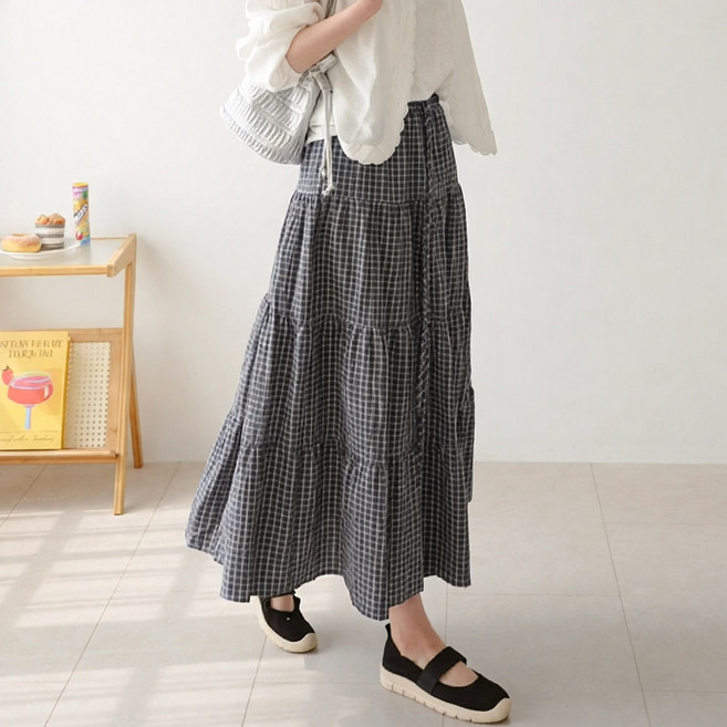 데일리앤 투밍 밴딩 캉캉 플레어 시어서커 체크 롱 스커트 봄 여름 가을