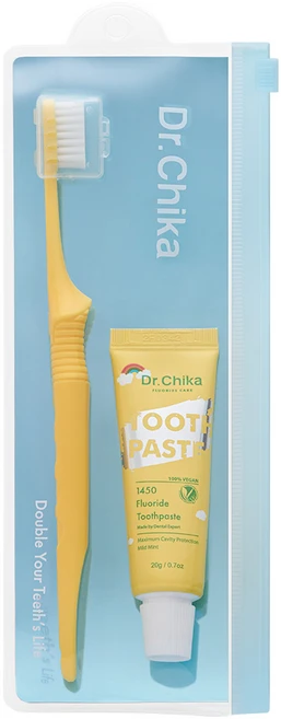 닥터치카 어린이 여행용 치약 칫솔 세트 (1450 어린이 고불소치약+펜그립 어린이칫솔 C4.5), 20g, 1세트 - 쿠팡