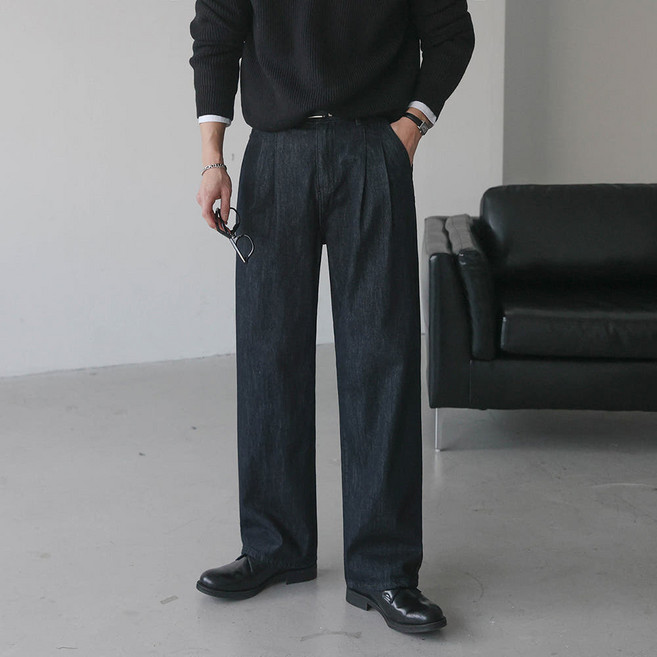 베이직바이블 논페이드 생지 투핀턱 와이드 데님 팬츠(2color)