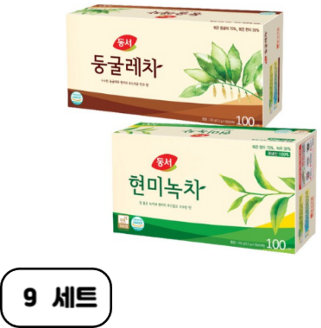 동서 현미녹차100T+동서 둥글레차100T, 9개, 200개입, 1.2g