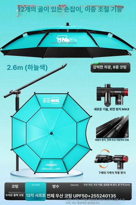 낚시 우산 다기능 용품 텐트 의자 2025 신형, 1개, 지팡이 12각 방전 항풍 방폭 2.6 하늘색