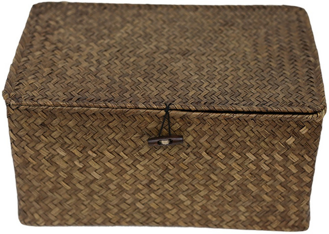 쏠리또 천연라탄 사각바구니 소형 중형 대형 덮개 정리함, 짙은갈색, 1개