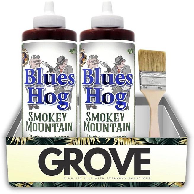 Blues Hog BBQ 소스 스모키 마운틴 709.8ml(24온스) 번들 플랫 칩 브러시 포함 2개 - 고기 및 사이드용 히코리 훈제 베이스팅 피니싱 선물 세트 (3개 품목), Blues Hog BBQ 소스 스모키 마운틴 709.8