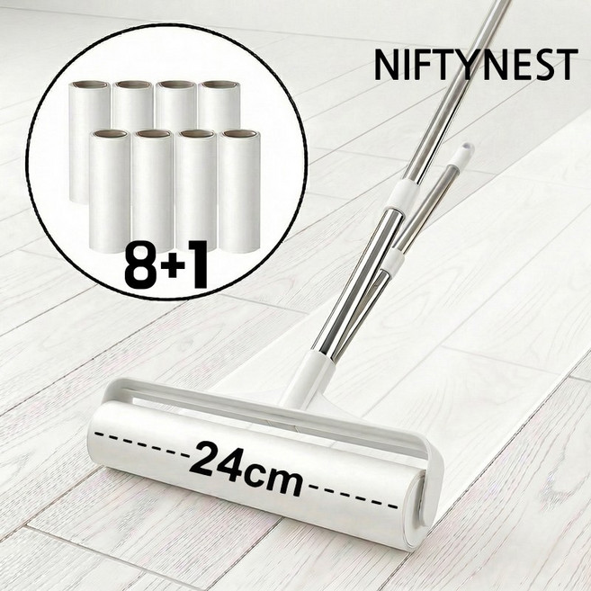 Niftynest 테이프클리너 돌돌이 길이조절 핸들 일반형 테이프 2단 핸들 + 리필9개 24cm, 1세트