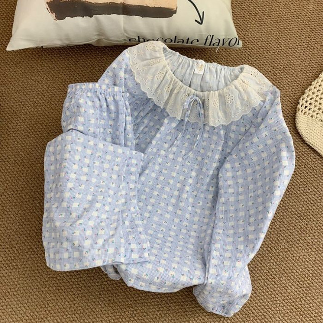 雲朵棉睡衣 花邊格子寬鬆甜美公主風家居服睡衣套裝