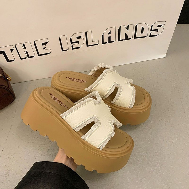 Ashysnow 통굽슬리퍼 여성 여름 프렌치 엘레강스 패브릭 7cm 로마 웨지힐 샌들 송편화