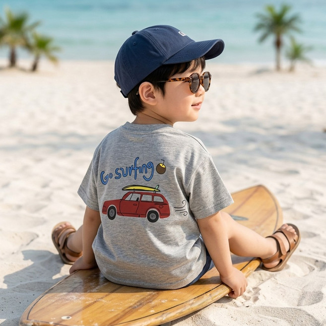 몽실이 서핑 반팔티셔츠 유아 남아 여아 자동차 프린트 기본 여름 티