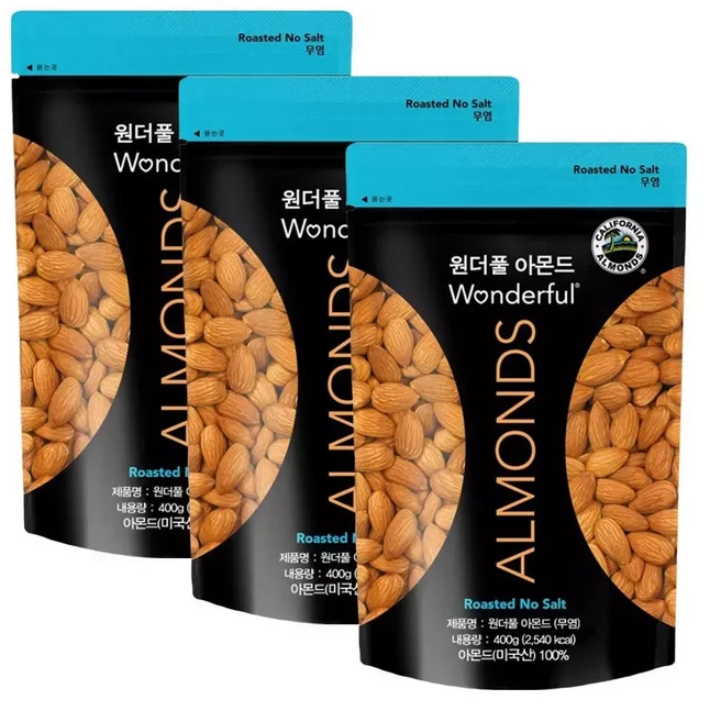 원더풀 아몬드 무염 X 3개, 400g