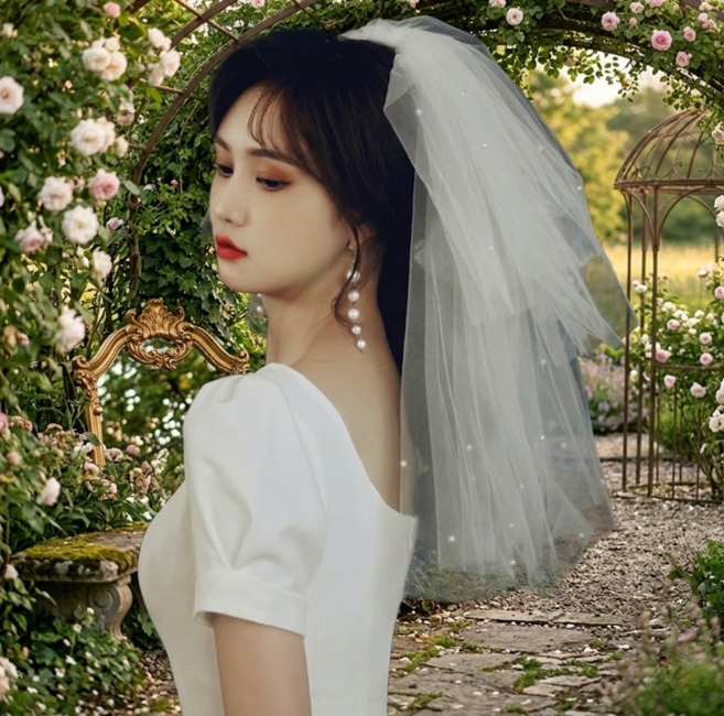 웨딩베일 4단 진주 신부 면사포 브라이덜샤워 파티용, 1개, 화이트