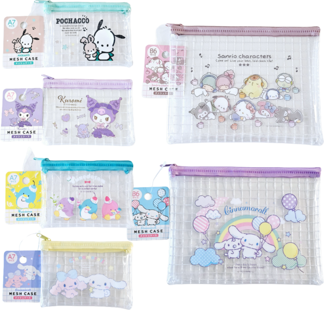 산리오 캐릭터즈 투명 파우치 메쉬 케이스 - 포차코 쿠로미 턱시도샘 시나모롤 일본정식수입