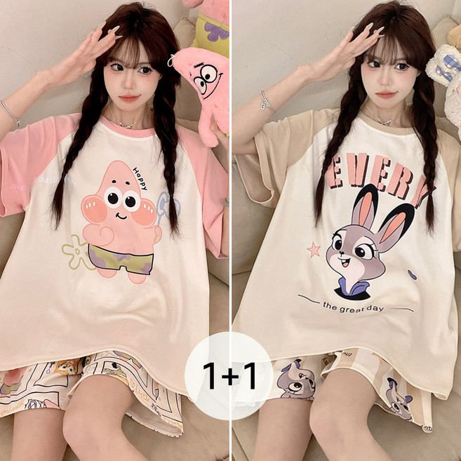 Flyaiku 1+1 여성 홈웨어 잠옷 캐릭터 반팔 반바지 여름 파자마 투피스 세트