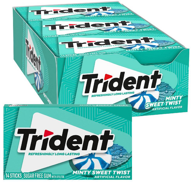 트라이던트 수박 트위스트 무설탕 껌 12팩 (총 168조각) 자일리톨 상쾌한 과일맛, I. 민티 스위트 트위스트