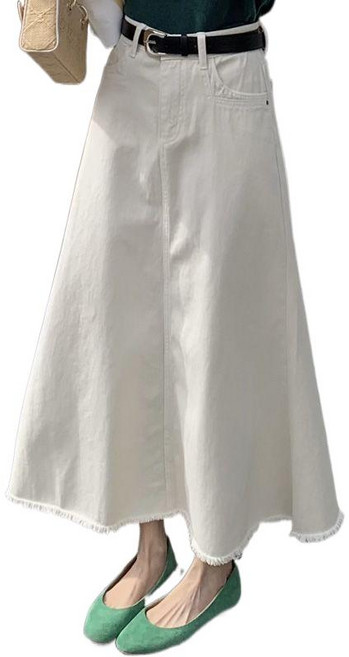 티류으스 여성 흰색 데님 롱 스커트 A라인 청치마 화이트 데님 치마 허리 밴딩 스커트 H070718