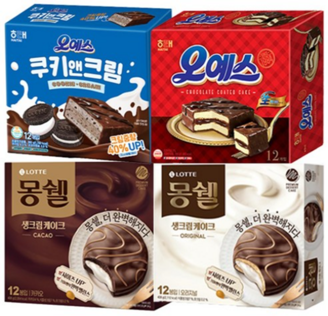 과자모음 해태 크라운 롯데 오리온 대용량곽과자 4개묶음 (해태오예스360g + 해태오예스쿠키앤크림360g + 몽쉘카카오생크림케이크(대)384g + 몽쉘오리지널생크림(대)384g), 4종 곽과자 세트, 2세트