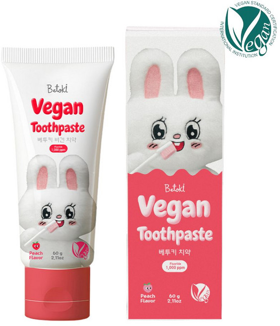 베투키 어린이 비건 튜브 치약 키즈 고불소 1 000ppm 천연 복숭아향, 60g, 1개