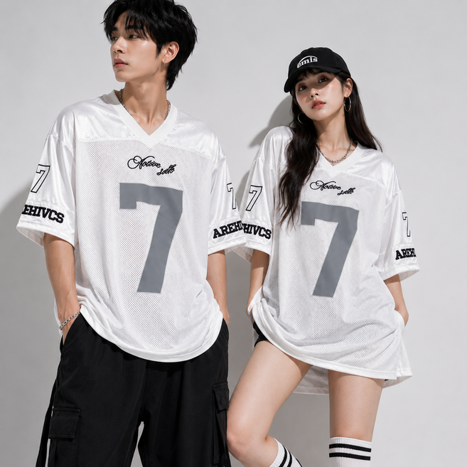 DAIRUSO 여름 남여공용 스트릿 매쉬 져지 럭비 오버핏 힙합 럭키세븐 반팔티