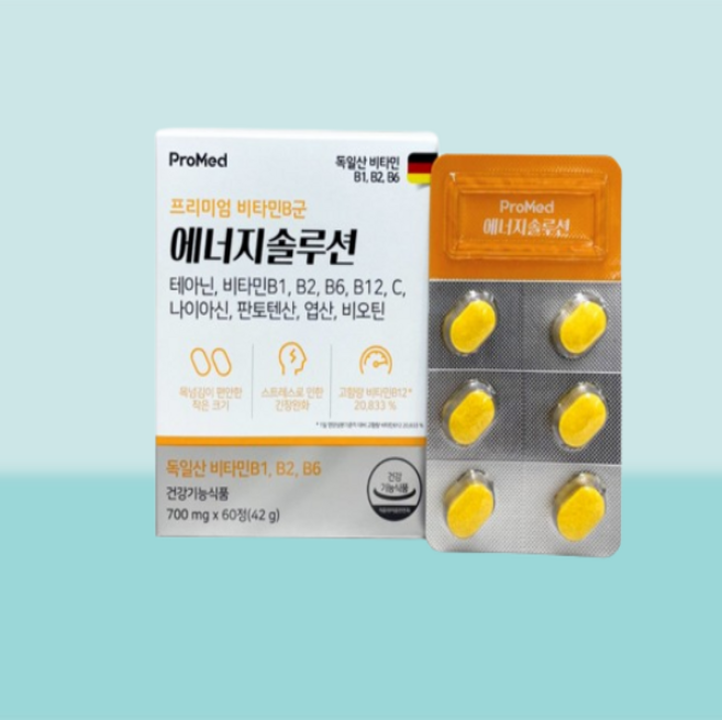 테아닌 에너지솔루션 60정 총 1개월분 프리미엄 비타민B군 프로메드, 1박스