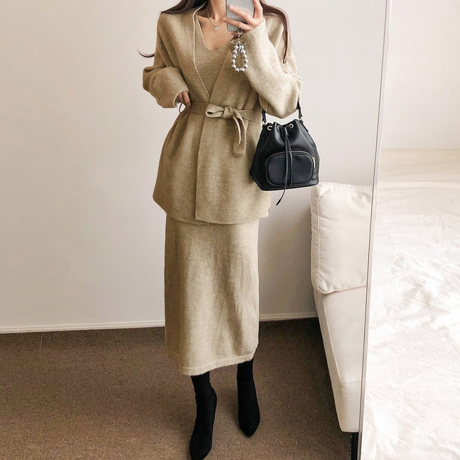 요시아나 [당일발송] 바샤브 니트 벨티드 가디건 나시 롱원피스 투피스 세트 3컬러